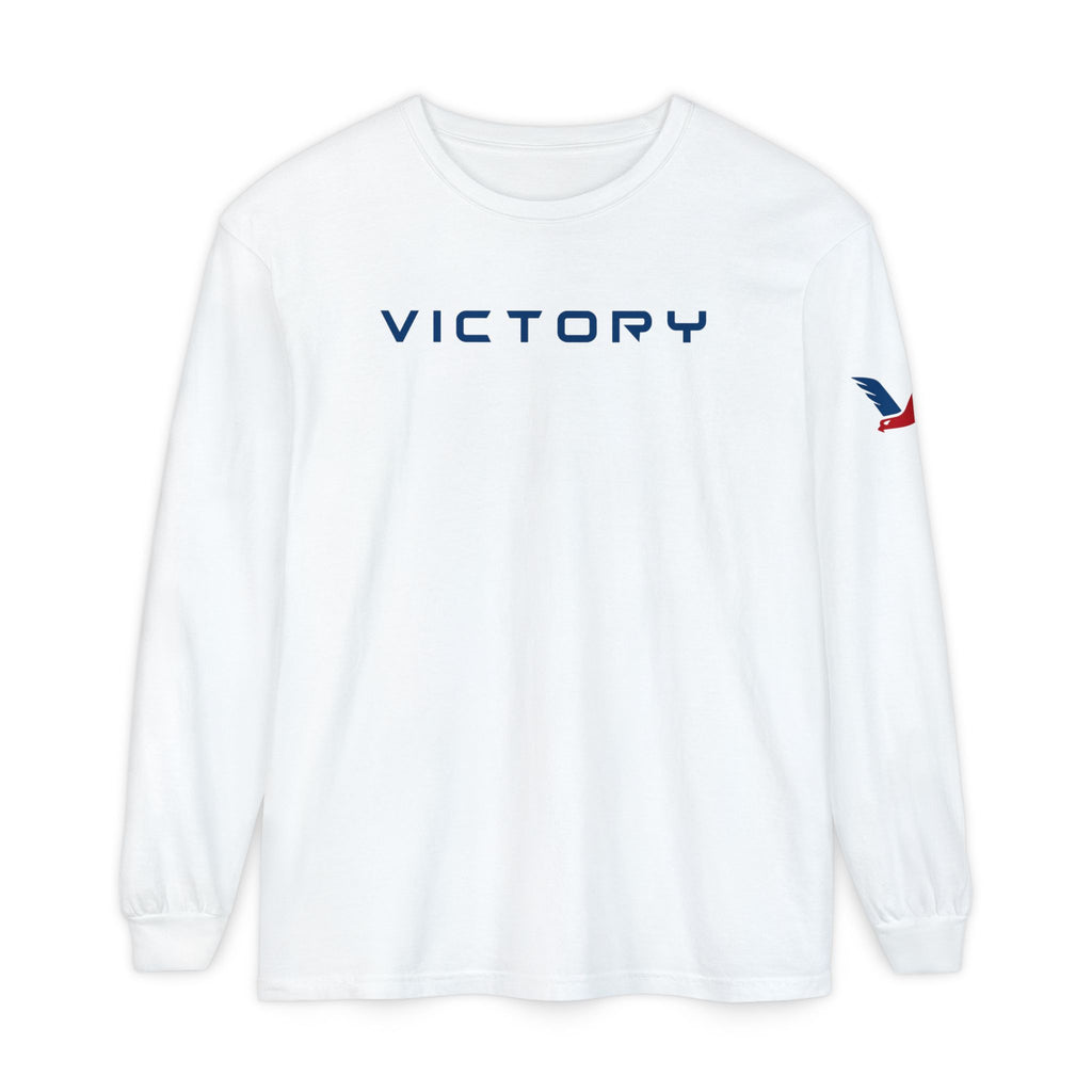 White long-sleeve shirt with 'VICTORY' text and logo on a white background