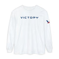 White long-sleeve shirt with 'VICTORY' text and logo on a white background